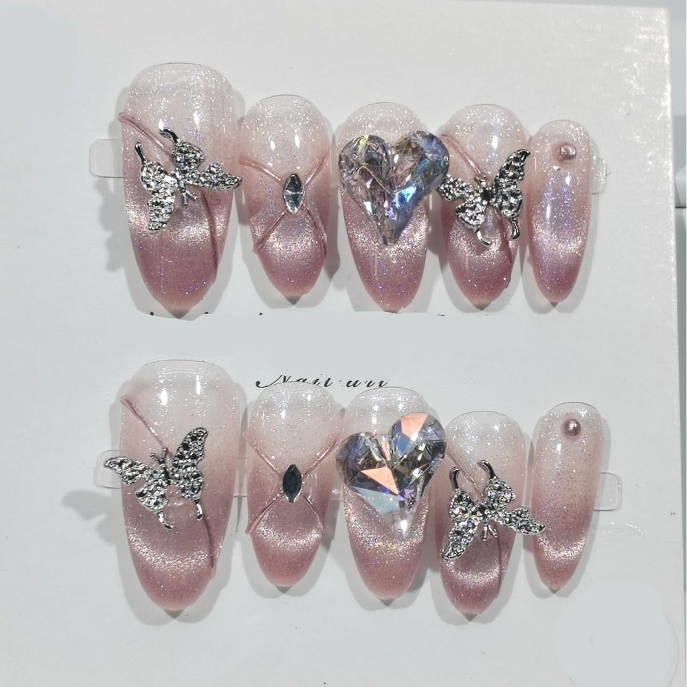 AErosx Handmade Nail Wearing Gradual Cat Eye Pink Long False Nails with Butterfly Ties - Nail Enhancement reusable (Size : XS)