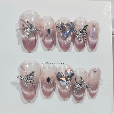 Handmade Nail Wearing Gradual Cat Eye Pink Long False Nails with Butterfly Ties - Nail Enhancement reusable (Size : L)