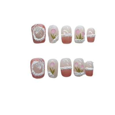 Handmade Wearing Nail Art Reusable Cute and Fresh Three-Dimensional Nail Art with Stickers Short Nail Art Patches Fake Nails (Size : S)