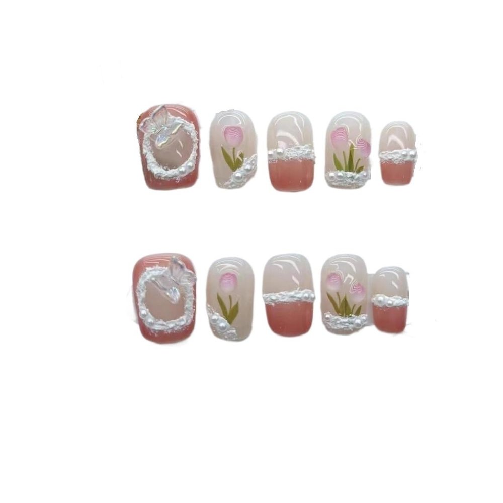 Handmade Wearing Nail Art Reusable Cute and Fresh Three-Dimensional Nail Art with Stickers Short Nail Art Patches Fake Nails (Size : S)