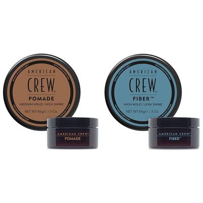 AMERICAN CREW Men's Hair Pomade, Like Hair Gel with Medium Hold & High Shine, 3 Oz (Pack of 1) & Men's Hair Fiber, Like Hair Gel with High Hold & Low Shine, 3 Oz (Pack of 1)