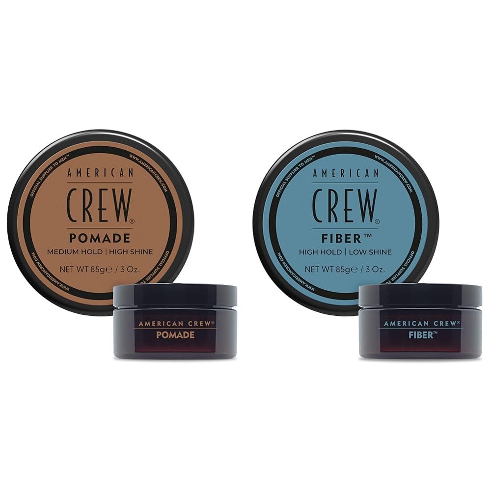 AMERICAN CREW Men's Hair Pomade, Like Hair Gel with Medium Hold & High Shine, 3 Oz (Pack of 1) & Men's Hair Fiber, Like Hair Gel with High Hold & Low Shine, 3 Oz (Pack of 1)