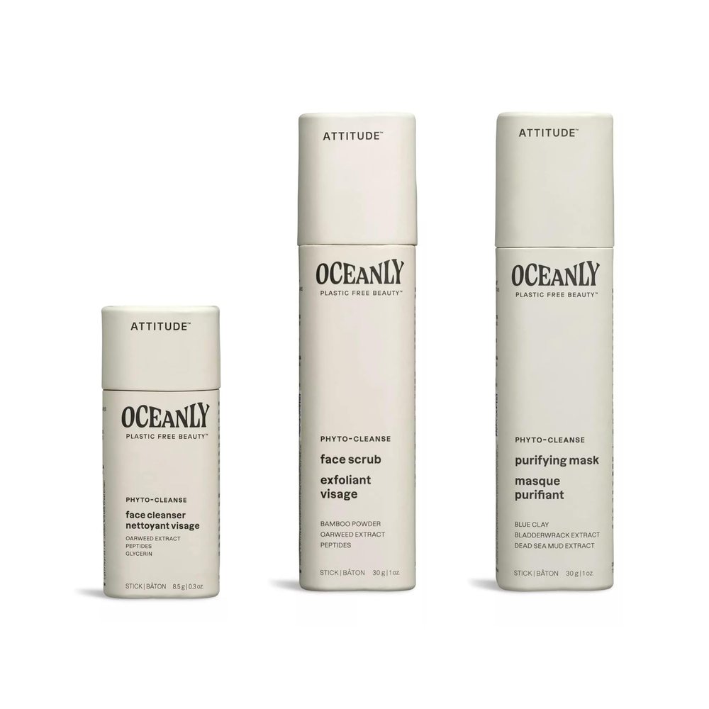 Bundle of ATTITUDE Oceanly Face Cleanser Stick, PHYTO CLEANSE, Unscented, 0.3 Oz + Face Scrub Stick, PHYTO CLEANSE, Unscented, 1 Oz + Face Mask Stick, PHYTO CLEANSE, Unscented, 1 Oz
