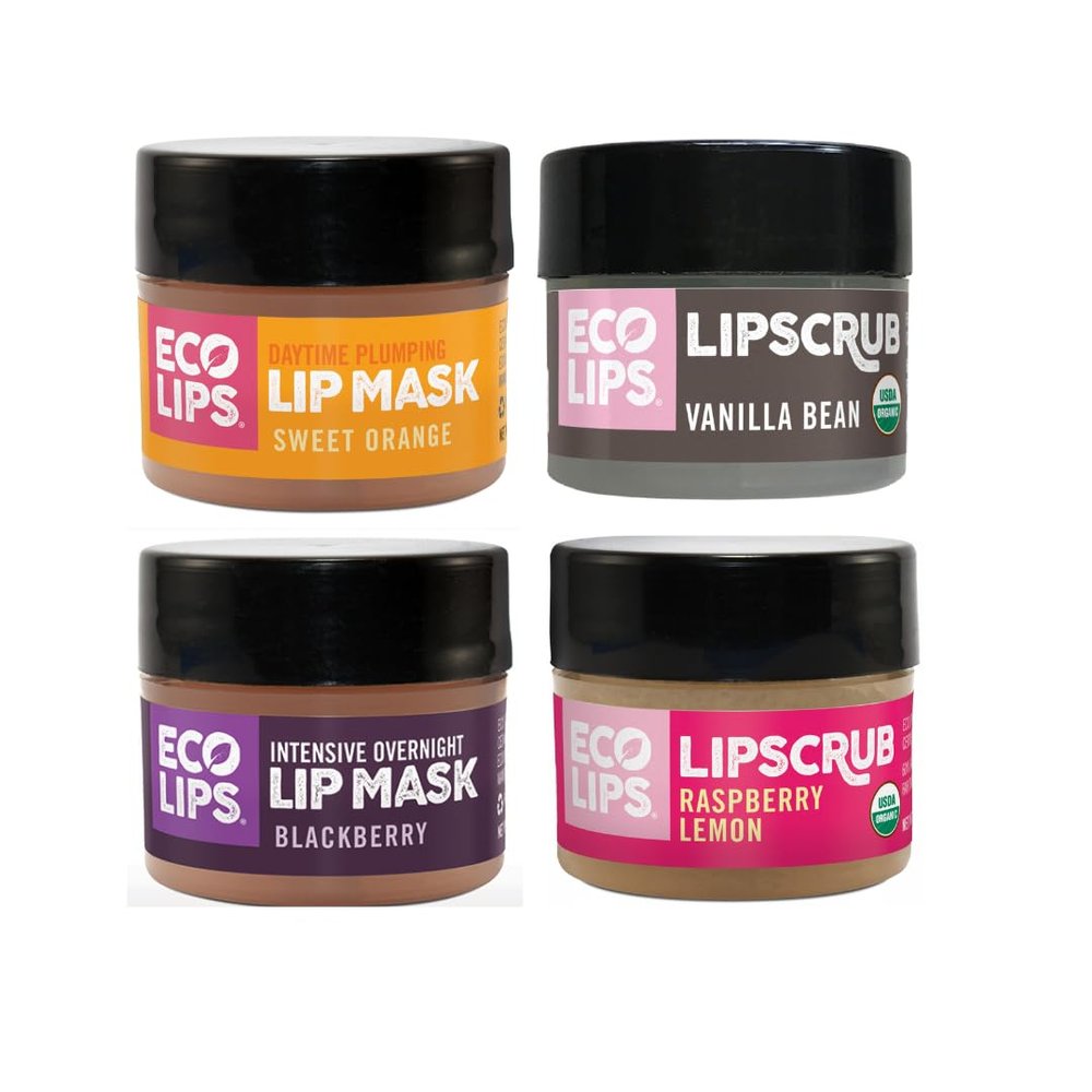 Eco Lips Organic Sugar Lip Scrub, Plumping Lip Mask & Overnight Intensive Lip Mask for Chapped Lips 4-Pack (0.25 oz. each) 100% Natural