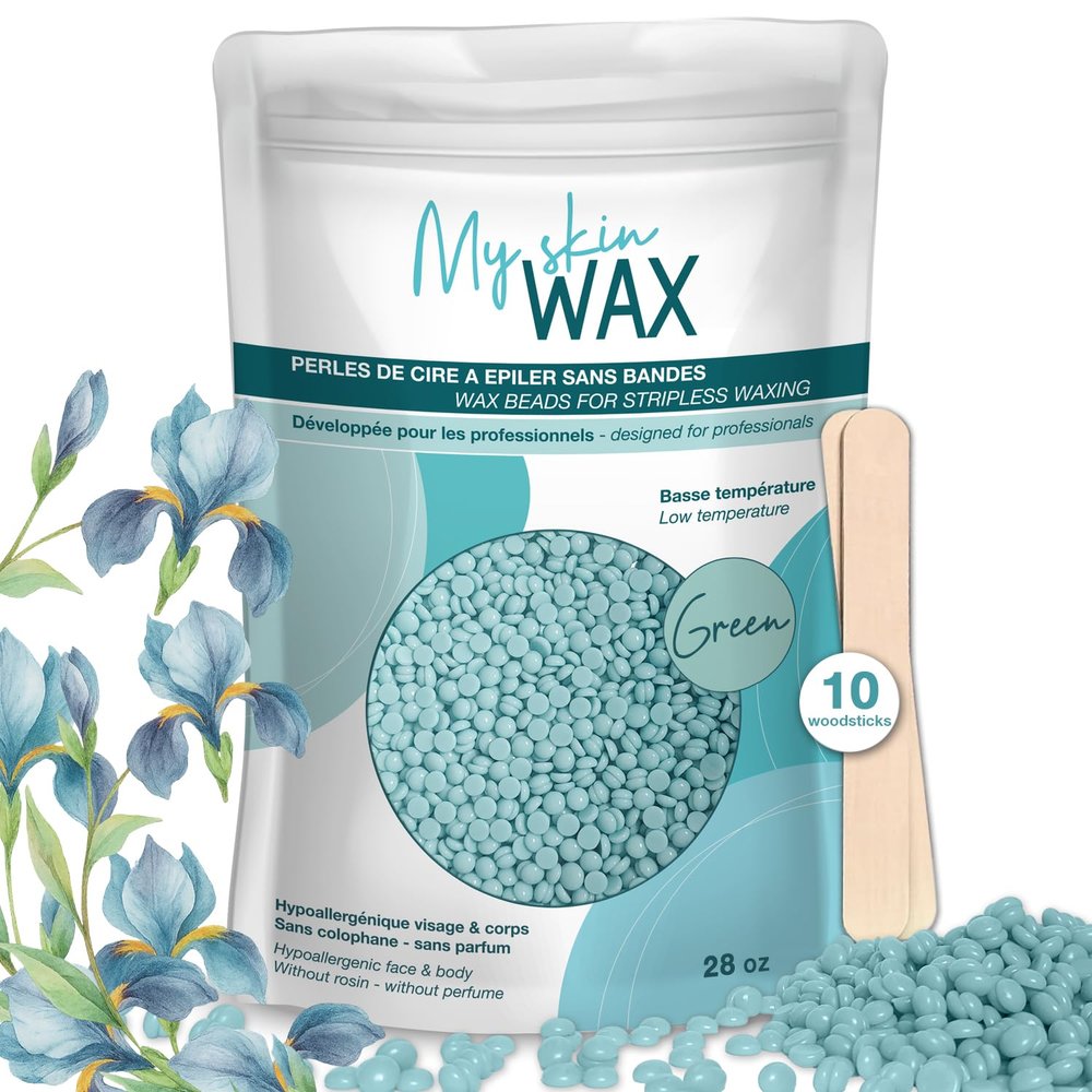 My skin WAX - Hard Wax Beads for Hair Removal, Maxi Pack 1.75 lb, Hypoallergenic & Rosin-Free Stripless Wax for Sensitive Skin, Coarse Hair, Bikini Brazilian, Face, Underarms, Legs, Chest, Green