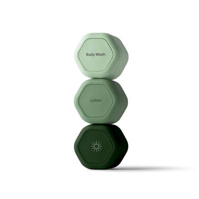 Cadence Travel Containers - Body Care Capsule Set - Magnetic Containers with Lids,Carry On Travel Essentials for Women/Men - 3 Flex Mediums (1.32oz) - Body Wash, Lotion & Sun Icon Labels - Evergreen