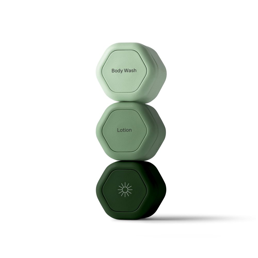 Cadence Travel Containers - Body Care Capsule Set - Magnetic Containers with Lids,Carry On Travel Essentials for Women/Men - 3 Flex Mediums (1.32oz) - Body Wash, Lotion & Sun Icon Labels - Evergreen