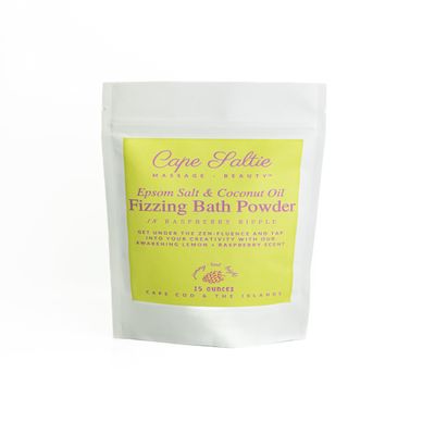 Cape Saltie  Massage Beauty Epsom Salt & Coconut Oil Fizzing Bath Powder in Raspberry Ripple (1 Bag, 15 oz, 3-5 Soak Experiences) | Soothe Muscles & Aches | Colorful, Aromatic Raspberry & Lemon Fizz