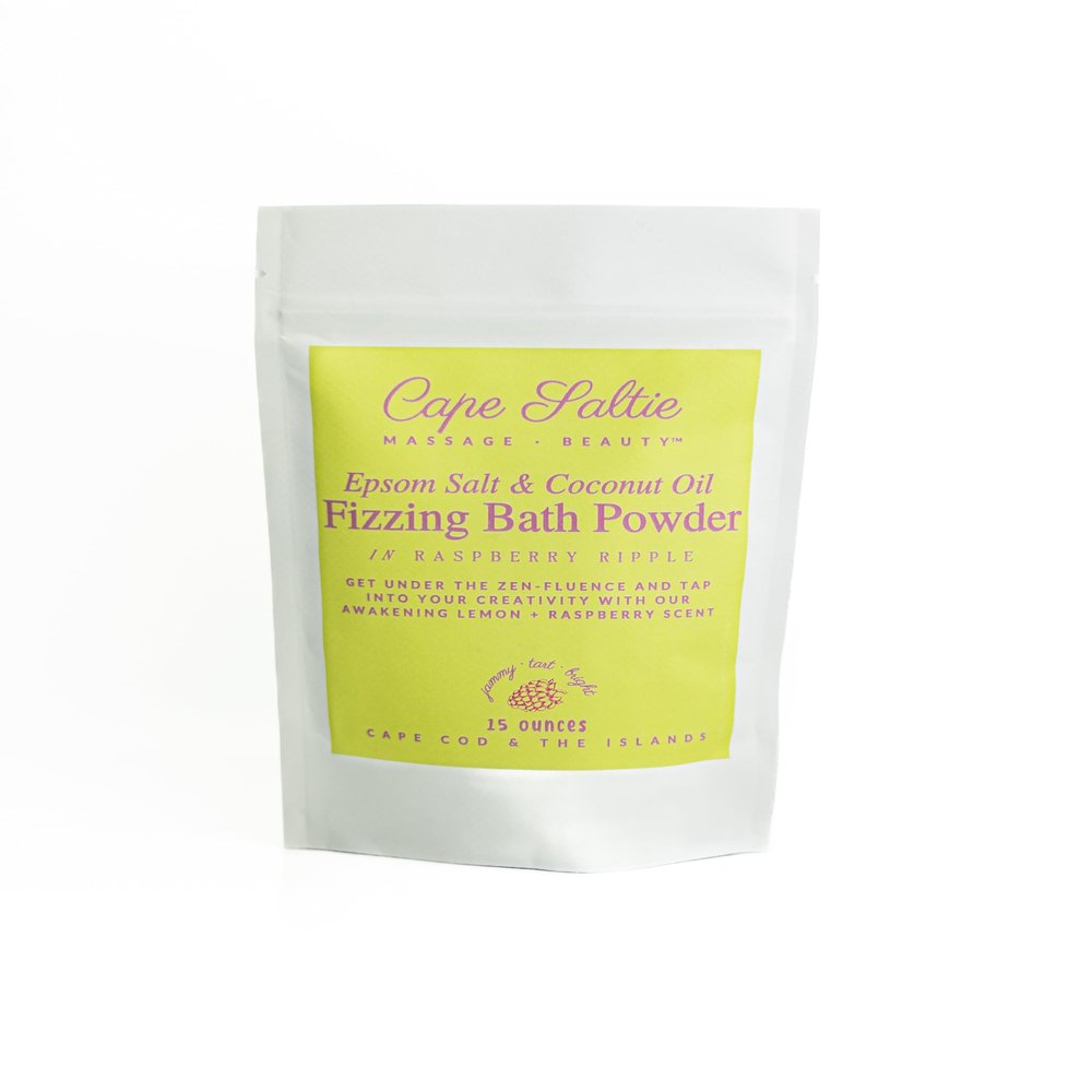 Cape Saltie  Massage Beauty Epsom Salt & Coconut Oil Fizzing Bath Powder in Raspberry Ripple (1 Bag, 15 oz, 3-5 Soak Experiences) | Soothe Muscles & Aches | Colorful, Aromatic Raspberry & Lemon Fizz
