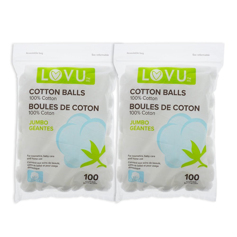 LOVU Jumbo Cotton Balls 2-Pack - 200 Count Total, Large Soft Cotton for Skincare & Crafts