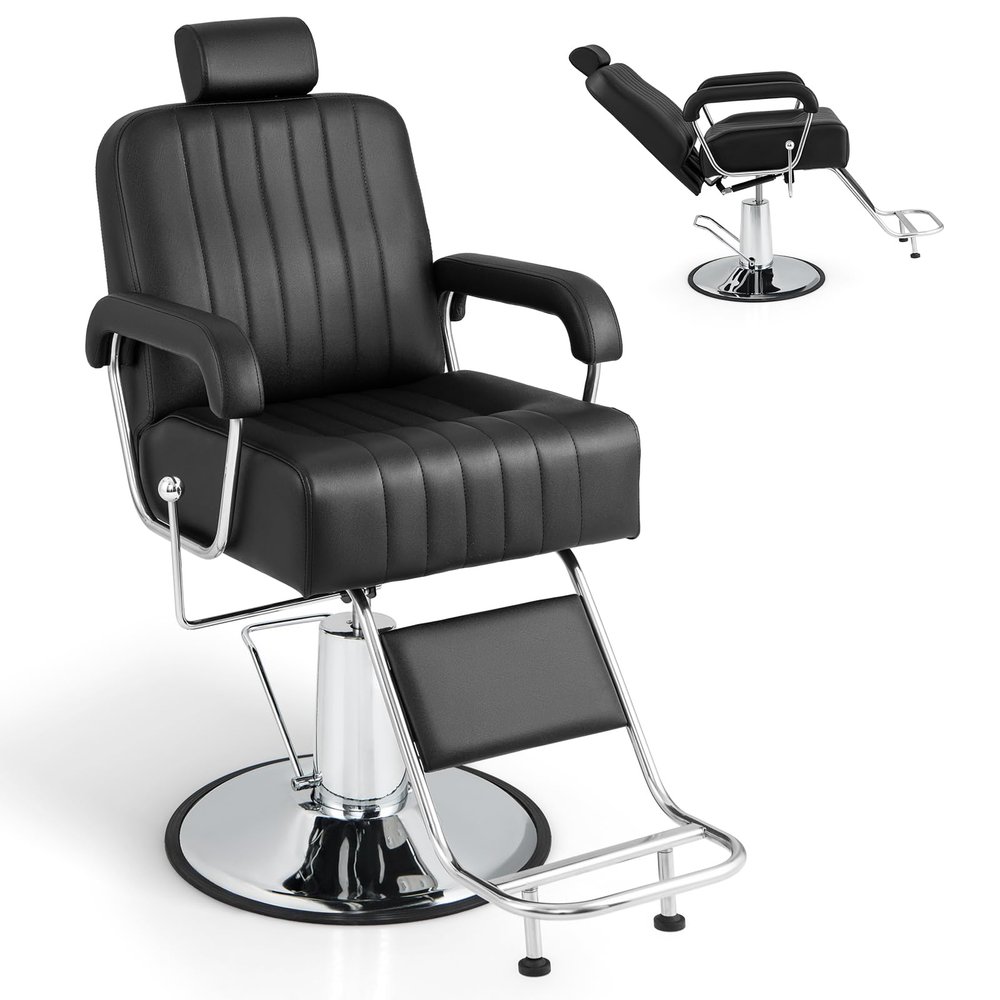 Giantex Reclining Barber Chair - Salon Chair for Hair Stylist, Recline Backrest, 360 Degrees Swivel, Height Adjustment, Heavy Duty Hydraulic Pump, Spa Equipment Tattoo Chair Makeup Station (Black)