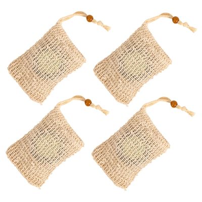 FOYTOKI 4pcs Soap Net Pouches for Foaming and Drying Cotton Linen Drawstring Soap Bags for Home Bathing and Storage Clip