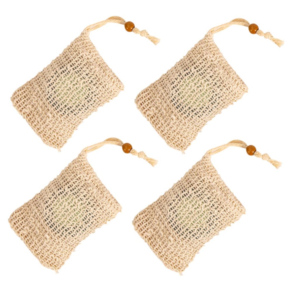 FOYTOKI 4pcs Soap Net Pouches for Foaming and Drying Cotton Linen Drawstring Soap Bags for Home Bathing and Storage Clip