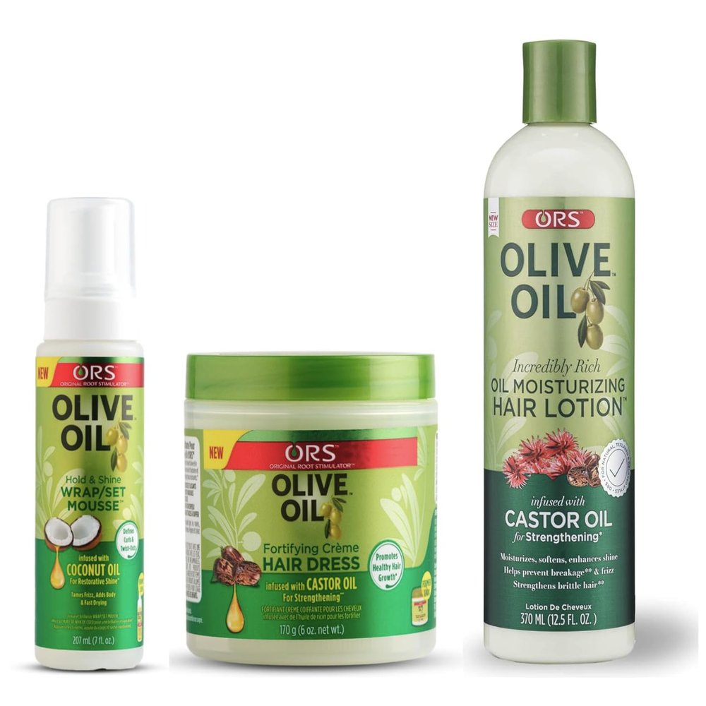 ORS Olive Oil Hold & Shine Wrap/Set Mousse, Fortifying Cream Hair Dress, Olive Oil Incredibly Rich Oil Moisturizing Hair Lotion infused with Castor Oil for Strengthening - Bundle