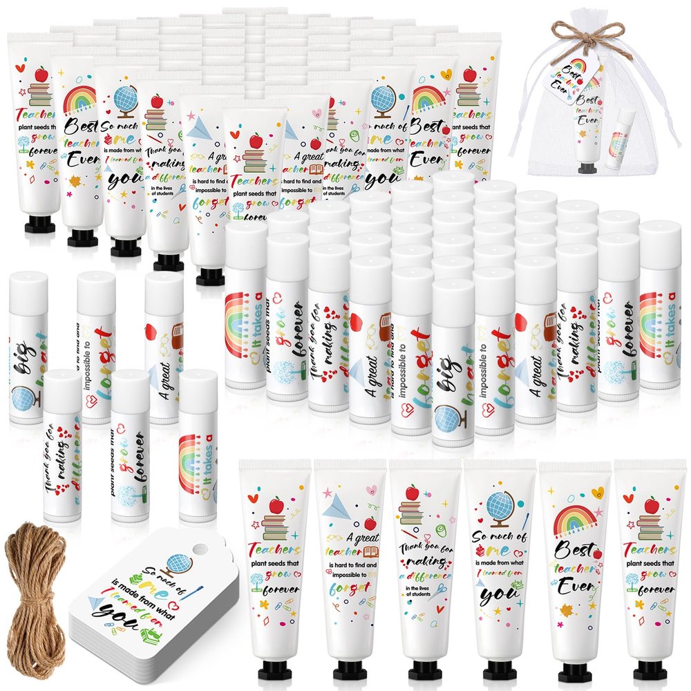 Dimsile 48 Set Appreciation Teacher Gifts Bulk Lip Balm Hand Cream Thank You Gift with Cards Organza Bags Travel Size Moisturizing Hand Lotion for Back to School Appreciation Teacher Gifts