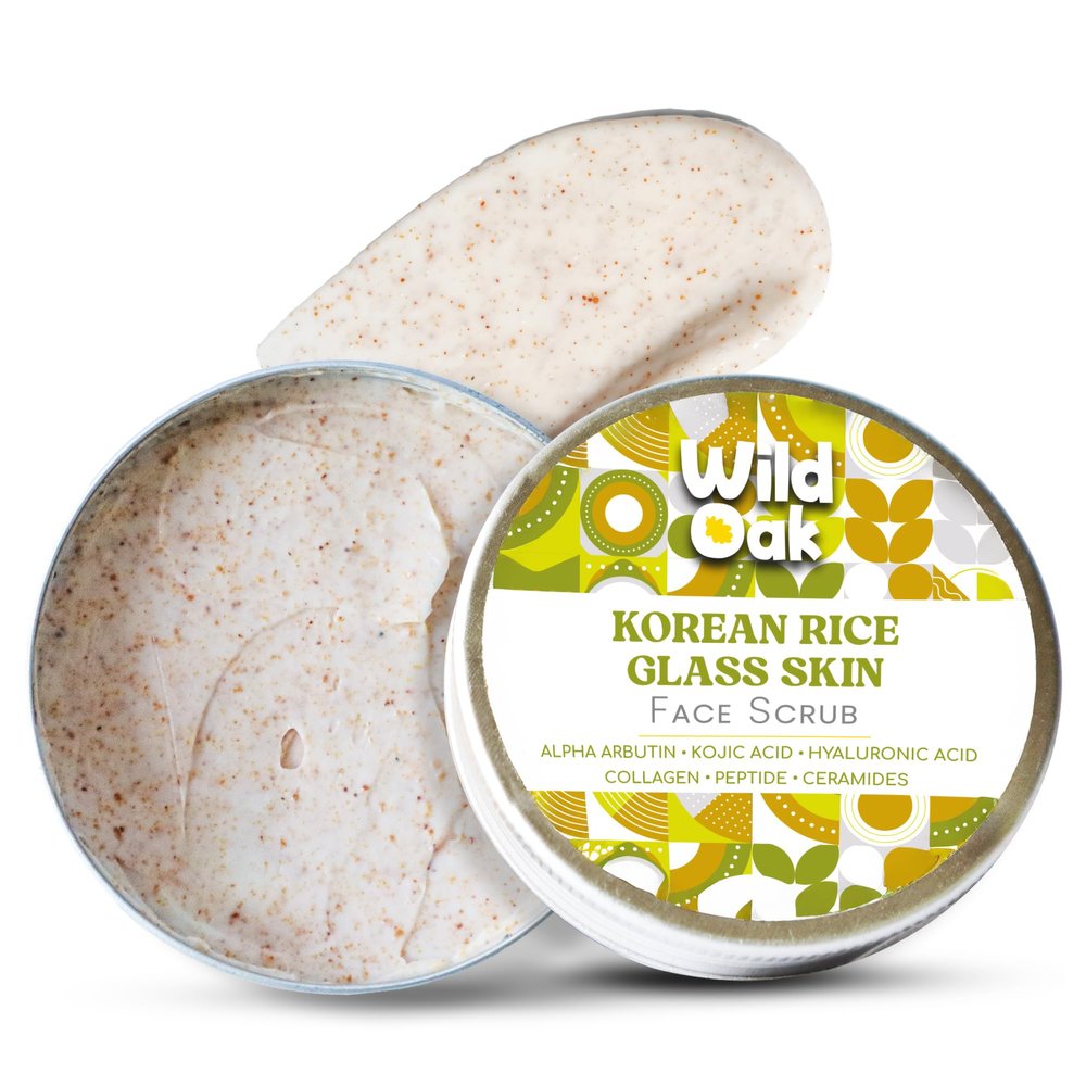 WildOak Korean Rice Scrub for Face & Body | Glass Skin | 4x Power of Shea Butter, Calendula, Ashwagandha & Licorice | Skin Tone & Removes Dead Skin Cells | Hydrating & Moisturizing Face Scrub | 3.52oz