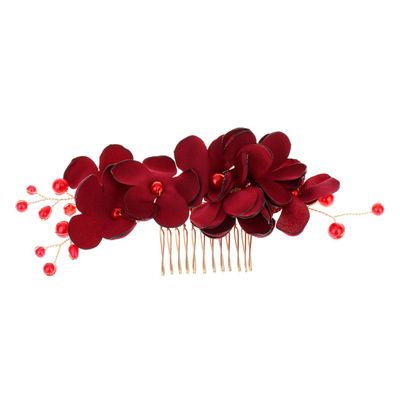 Beatifufu Red Cloth Flower Hair Side Comb with Imitation Floral Beads Lightweight Hair Accessory for Women for Weddings Parties and Special Occasions