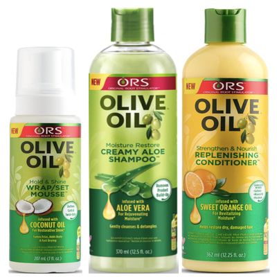 ORS Olive Oil Hold & Shine Wrap/Set Mousse, Olive Oil Moisture Restore Creamy Aloe Shampoo, Olive Oil Strengthen & Nourish Replenishing Conditioner - Bundle