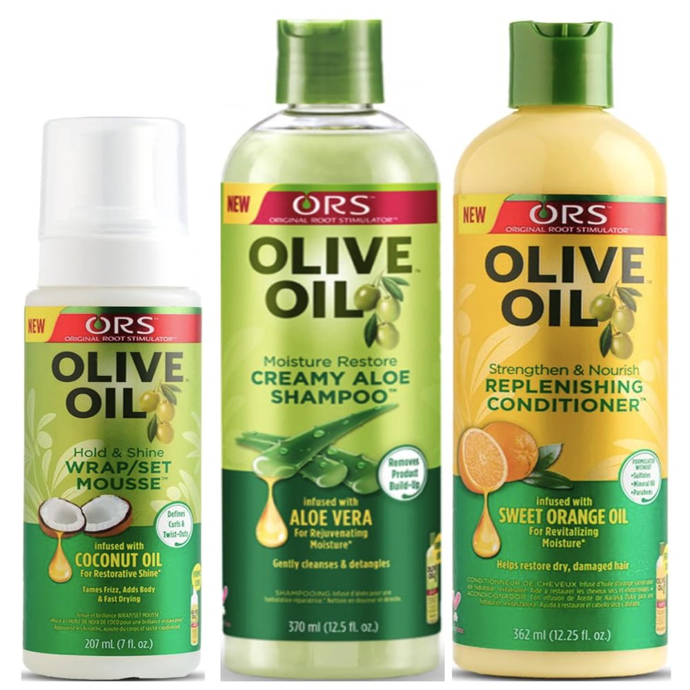 ORS Olive Oil Hold & Shine Wrap/Set Mousse, Olive Oil Moisture Restore Creamy Aloe Shampoo, Olive Oil Strengthen & Nourish Replenishing Conditioner - Bundle