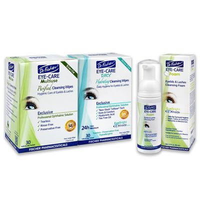 Dr. Fischer Eye Wipes and Eyelid Cleanser, Eyelash Foam. Hypoallergenic Eye Care for Demodex Blepharitis Allergy