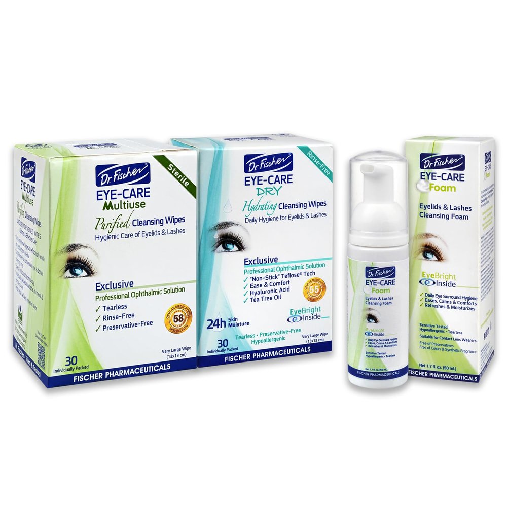 Dr. Fischer Eye Wipes and Eyelid Cleanser, Eyelash Foam. Hypoallergenic Eye Care for Demodex Blepharitis Allergy