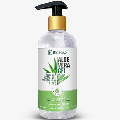 BANSCALX 100% Pure Natural Aloe Vera Gel for Moisturizing Face Skin & Hair  Soothing After Sun Exposure, Dry & Sensitive Skin, Non-Sticky (10.14 oz)