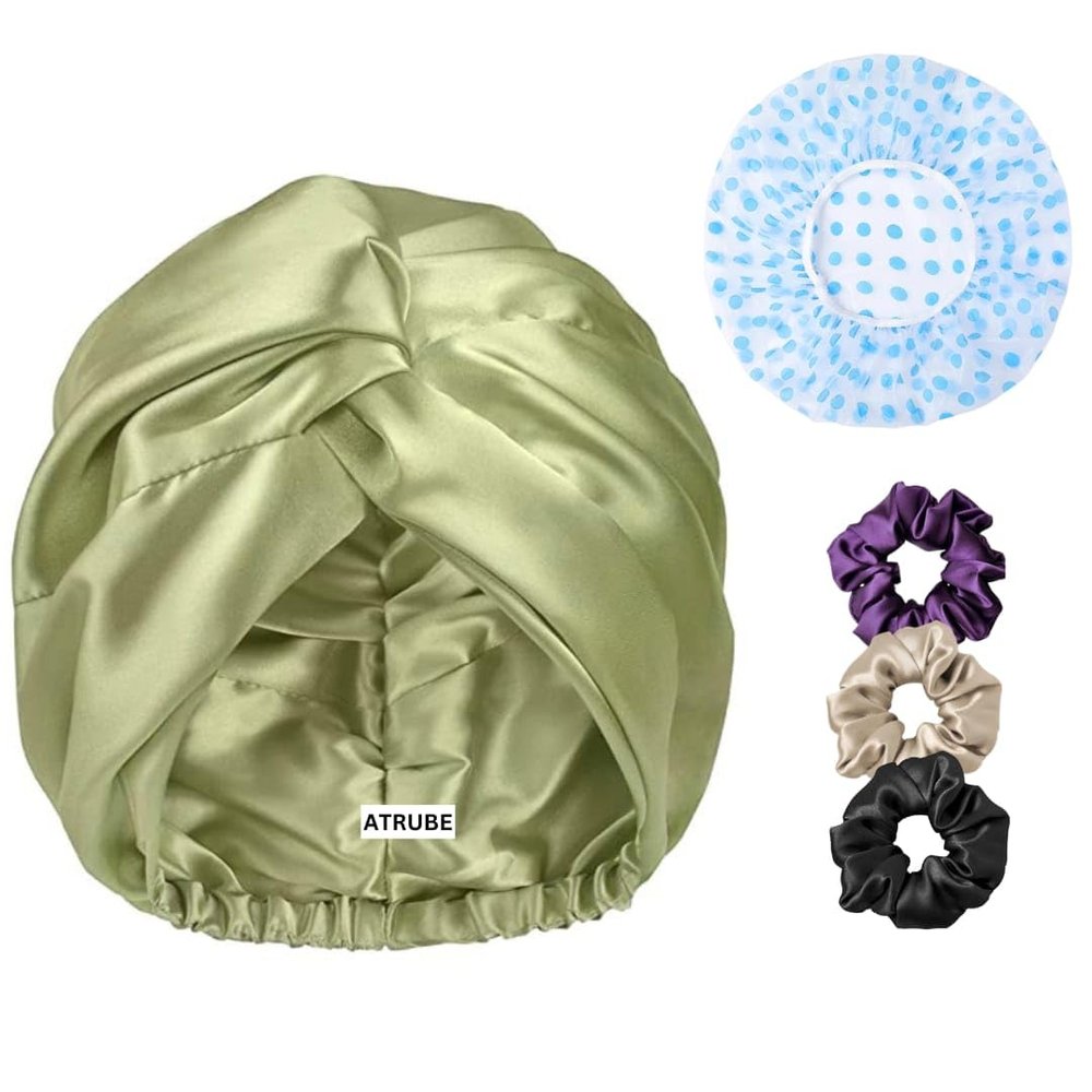 Atrube's Silk Satin Hair Bonnet Reversible Sleep Cap with adjustable tie band free Shower Cap, Reusable waterproof elastic bathroom cap And Scrunchies Silk bonnet for hair (Green)