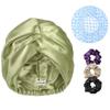 Atrube's Silk Satin Hair Bonnet Reversible Sleep Cap with adjustable tie band free Shower Cap, Reusable waterproof elastic bathroom cap And Scrunchies Silk bonnet for hair (Green) view 1
