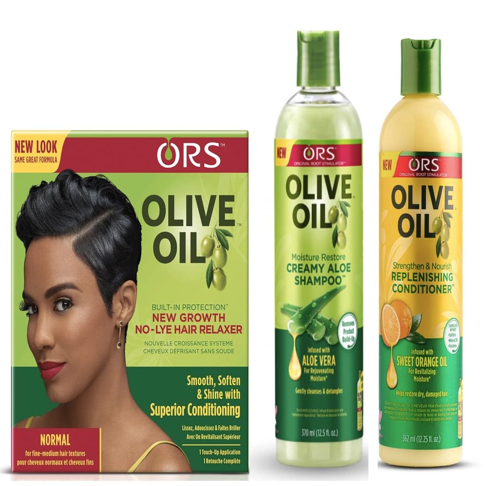 ORS Olive Oil New Growth Relaxer Normal, Moisture Restore Creamy Aloe Shampoo, Strengthen & Nourish Replenishing Conditioner - Bundle