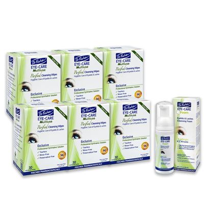 Dr. Fischer Eye Wipes and Eyelid Cleanser, Eyelash Foam. Hypoallergenic Eye Care for Demodex Blepharitis Allergy