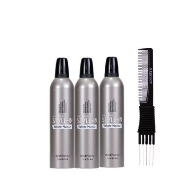 kuss Inebrya Ice Cream Style In Volumize Mousse (13.52 oz) with Teasing Comb Pack of 3, Grey