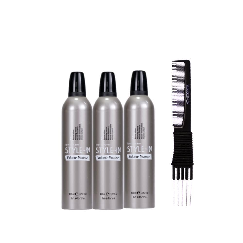 kuss Inebrya Ice Cream Style In Volumize Mousse (13.52 oz) with Teasing Comb Pack of 3, Grey