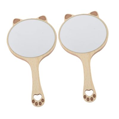 Housoutil 2pcs Lovely Wooden Handheld Makeup Mirrors Cat Ears Design Compact Beauty Mirrors Handle for Girls Reflection for Travel and Daily Use
