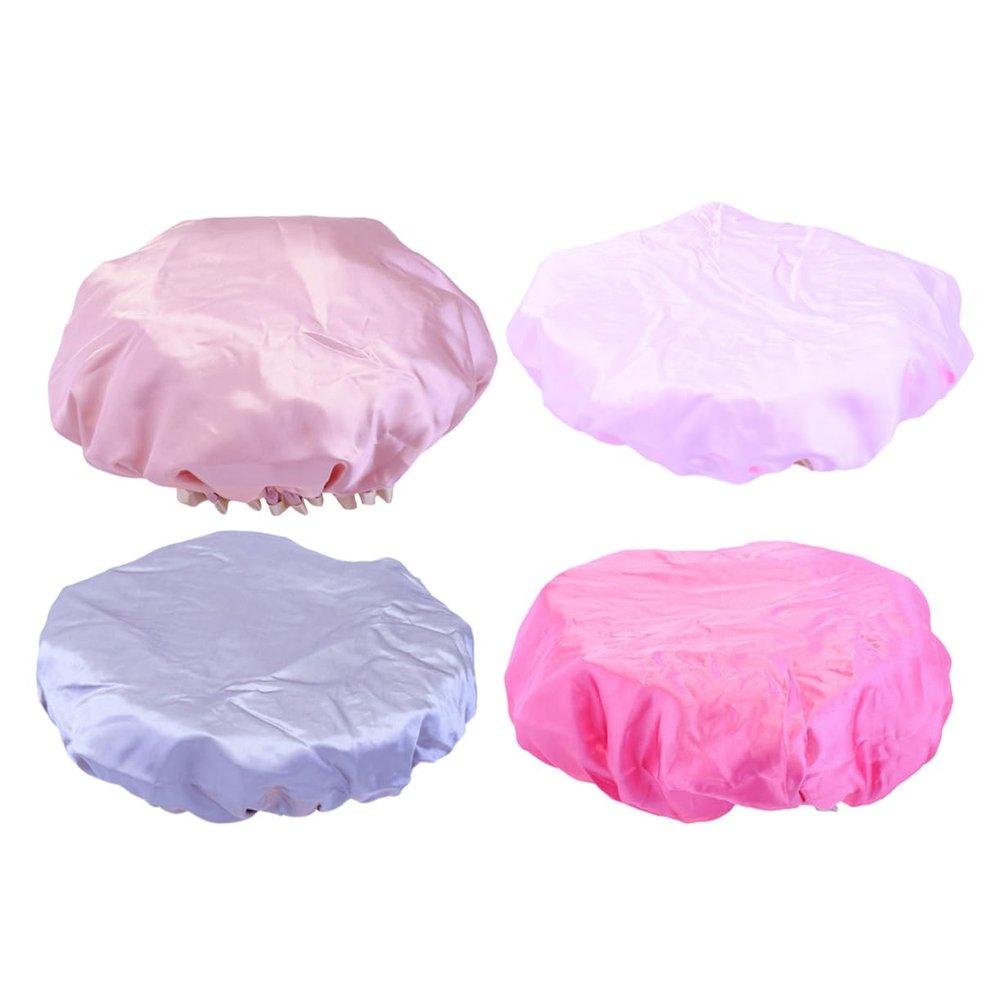 balacoo 4PCS Dual-Layer Waterproof Satin Bath Caps for Women Reusable Hair Styling Shower Caps Hair Salon Protector for Bathing