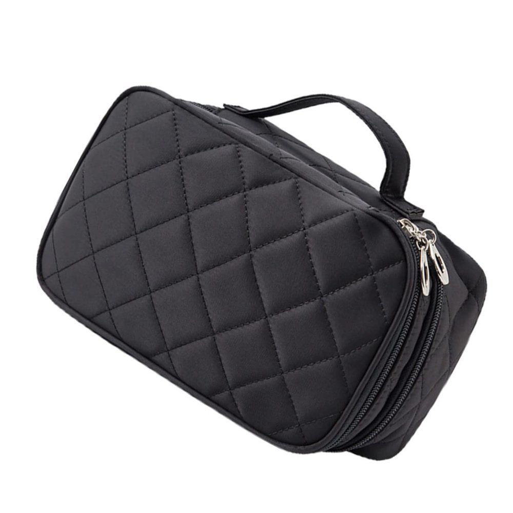 1pc Rhombus Cosmetic Bag Handbags Makeup Bags Canvas Makeup Pouch Travel Makeup Bag Mirror Portable, Black, 23x14x10cm