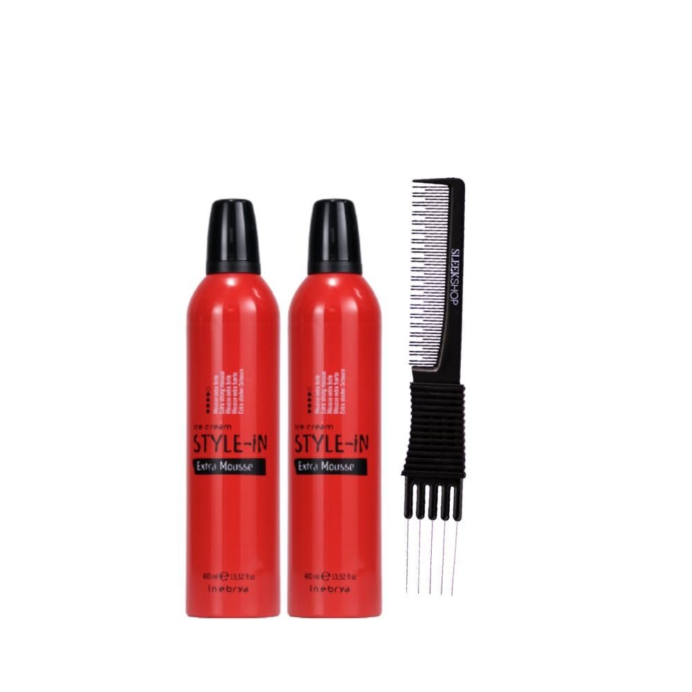 Inebrya Ice Cream Style-In Extra Mousse (13.52 oz) with Teasing Comb Pack of 2