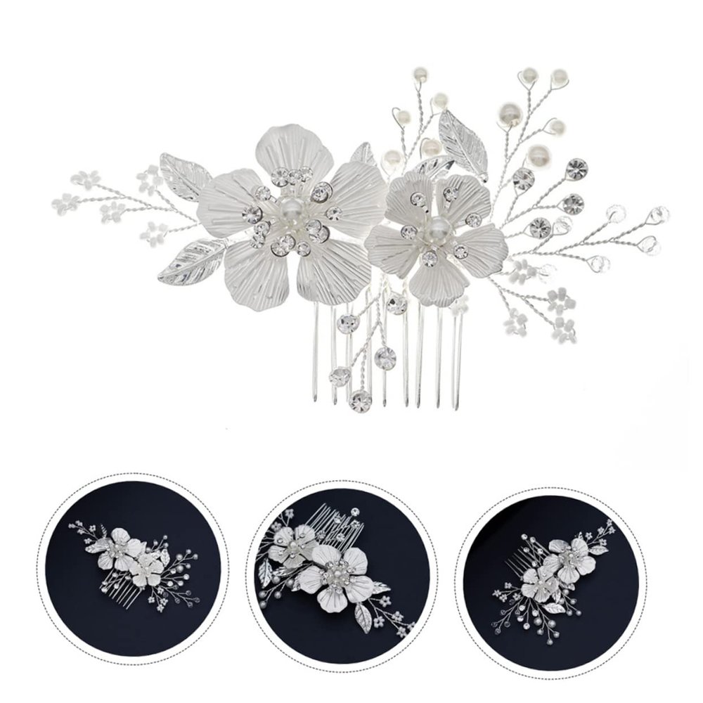 Angoily 1pc Elegant Pearl Beaded Hair Comb for Weddings Handmade Bridal Accessory Flower Design Silver Wedding Hairpin for Brides and Special Occasions