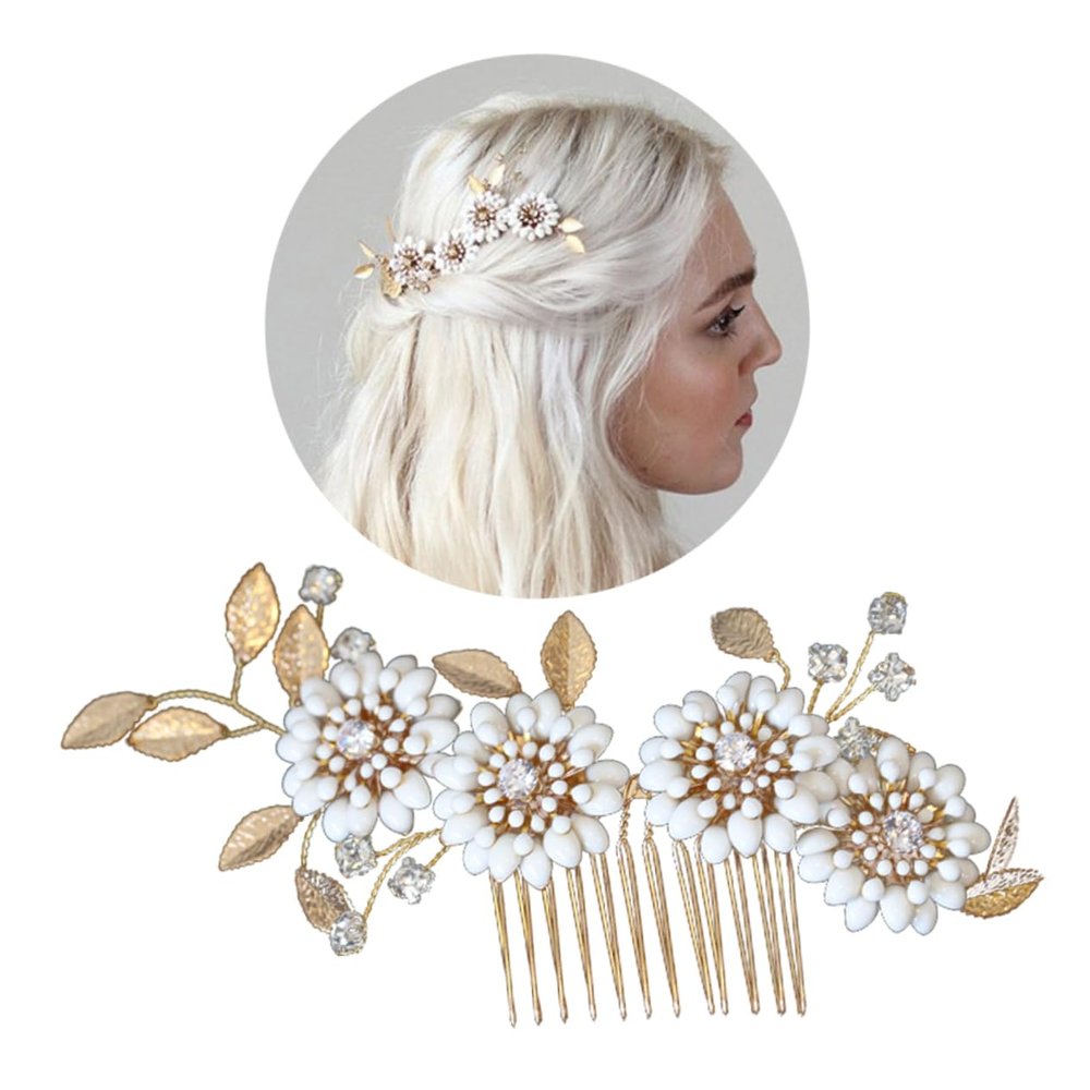 Angoily Daisy Rhinestone Hair Comb with Copper Leaves Elegant Bridal Headpiece for Weddings Parties Special Occasions Handmade Floral Hair Accessories for Brides and Bridesmaids