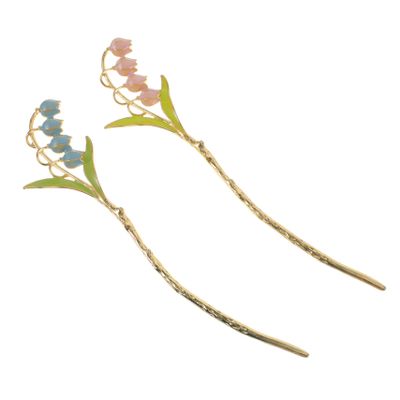 Didiseaon 2pcs Retro Flower Hair Sticks for Women Durable Hair Bun Pins Blue and Pink for Hanfu and Everyday Use