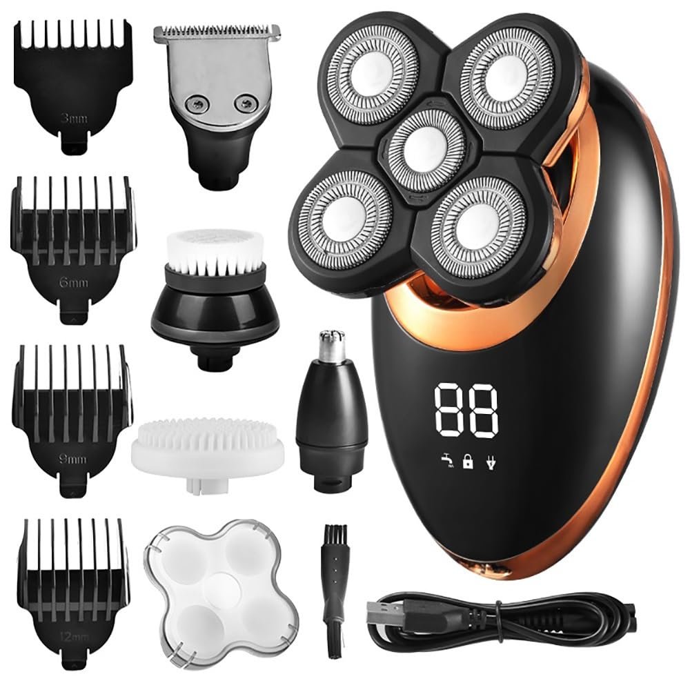 EKHOU Head Shavers for Bald Men, Electric Shaver for Men Beard Hair Trimmer Electric Razor 5D Floating Five Blade Heads Electric Nose Hair Trimmer LCD Display (Color : Golden)