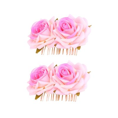 Angoily 2pcs Dual Flower Rose Hair Comb Elegant Fabric Floral Headwear for Brides Soft Pink Decorative Hair Accessories for Women and Girls
