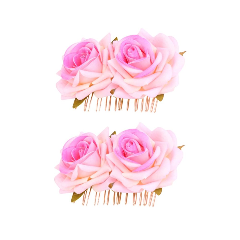 Angoily 2pcs Dual Flower Rose Hair Comb Elegant Fabric Floral Headwear for Brides Soft Pink Decorative Hair Accessories for Women and Girls