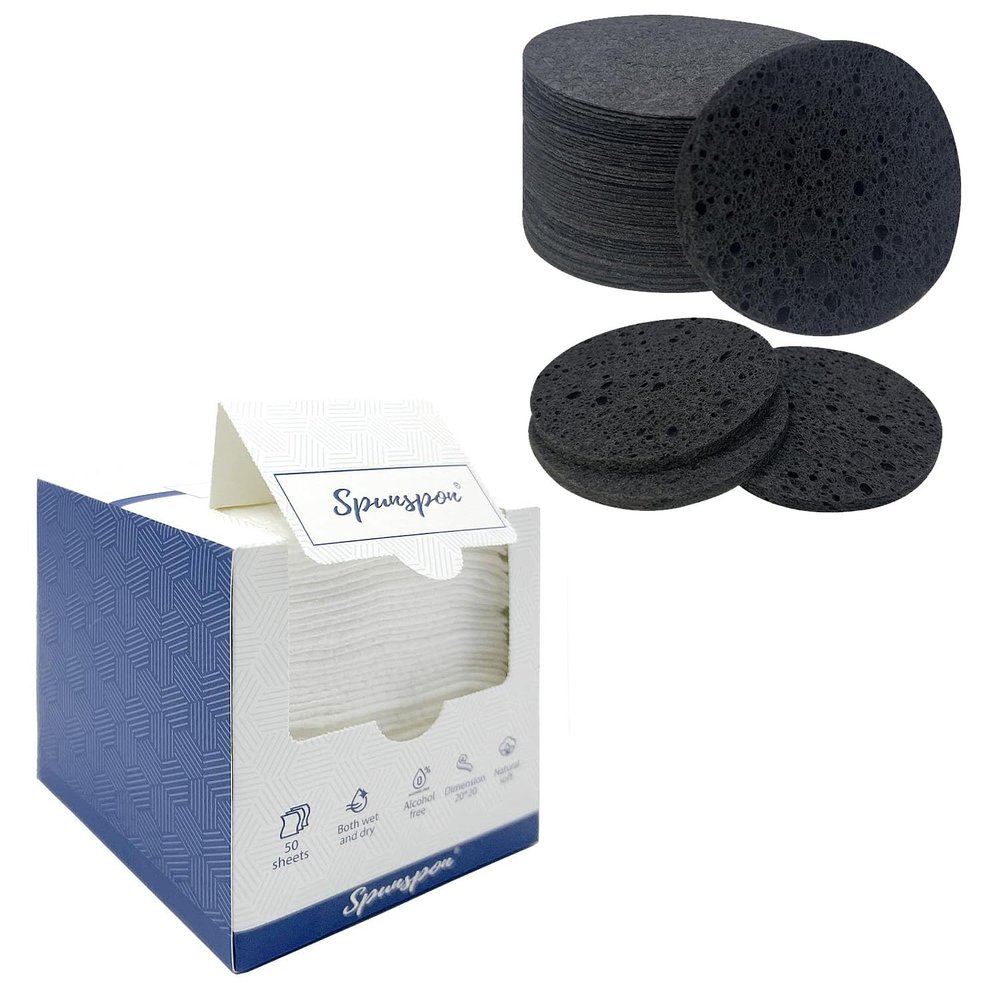 50-Count Facial Sponges Compressed Natural Cellulose Sponge Spunspon Round Shape Black + 50-Count Clean Towels Disposable Face Towel