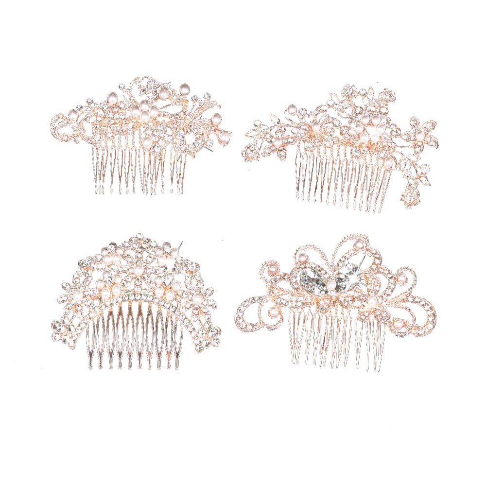 Angoily 4pcs Elegant Pearl Hair Comb Set Gold Alloy Bridal Hair Combs Rhinestones Wedding Accessory