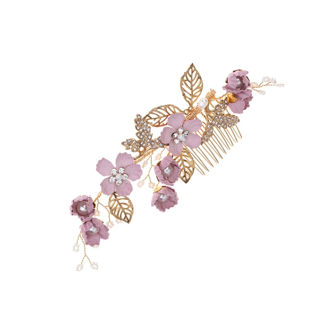 Angoily Cloth Flower Hair Comb with Rhinestones and Pearls Elegant Wedding Hair Accessory for Brides and Girls Lightweight Beaded Side Comb for Special Occasions Purple
