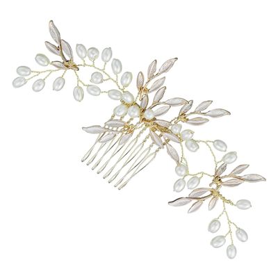 Angoily 1Pc Alloy Leaf Hair Comb Handmade Bridal Hair Accessory for Weddings Parties and Daily Use Design with Pearl Decoration Side Hair Comb in Golden Color