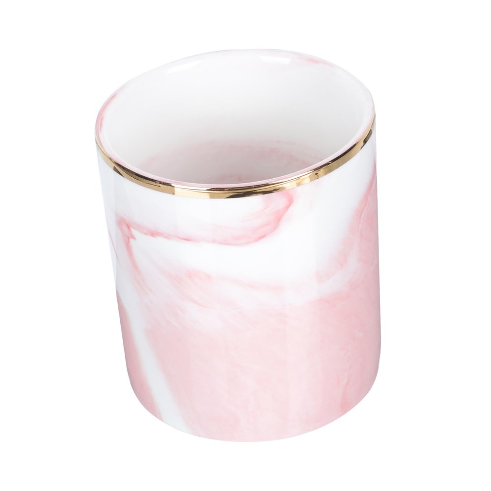 Angoily Makeup Brush Holder Elegant Pink Ceramic Canister for Cosmetic Storage Practical Organizer for Brushes and Pens Stylish Design with Gold Accents for Vanity Desktop Use