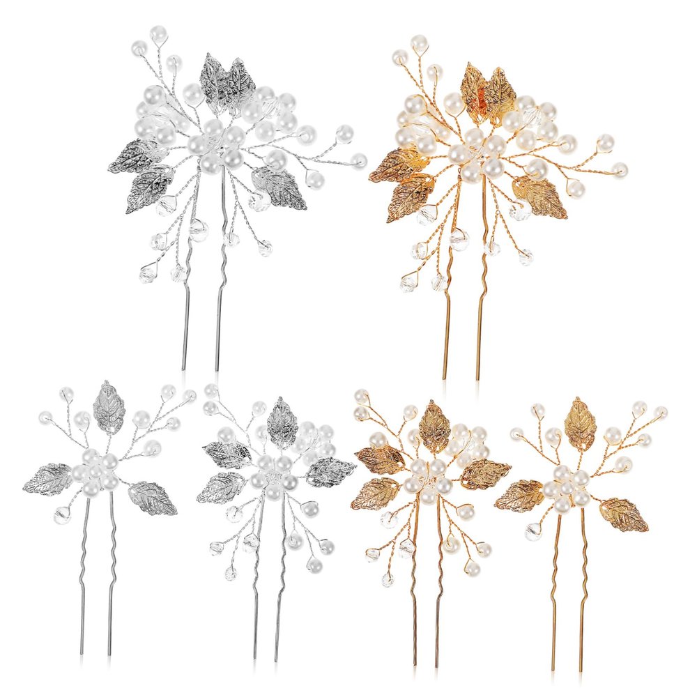 Angoily 6pcs Bridal Wedding Hair Pins Pearl Leaf Fork Clips for Bride Women Rhinestone Hair Accessories for Party Banquet