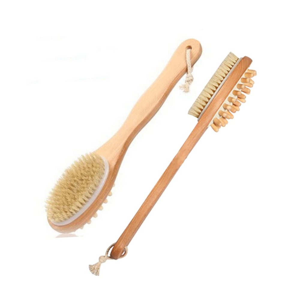 Angoily Natural Bristles Wood Body Brush for Shower Long Handle Scrub Brush for Body Cleaning