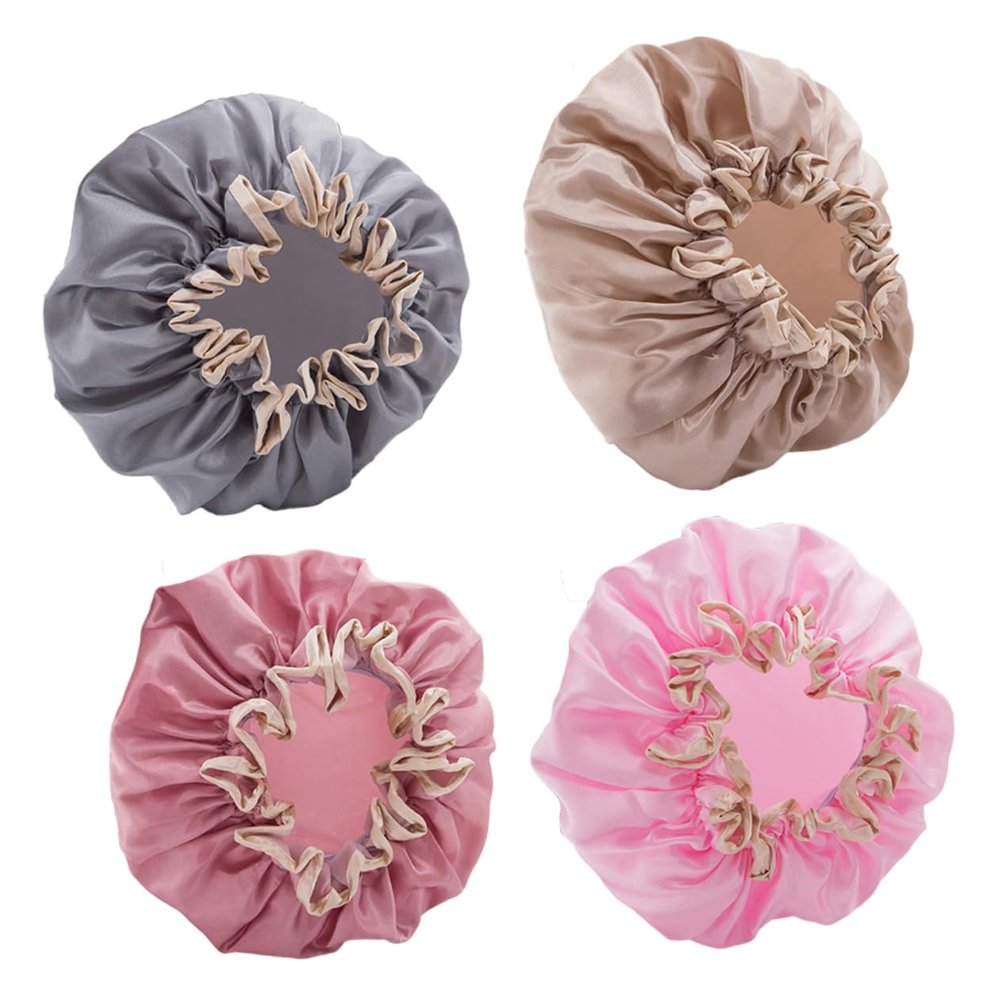 Angoily Double-Layer Waterproof Shower Cap 4-Piece Set for Long Hair Hair Salon Use Protective Bathing Caps